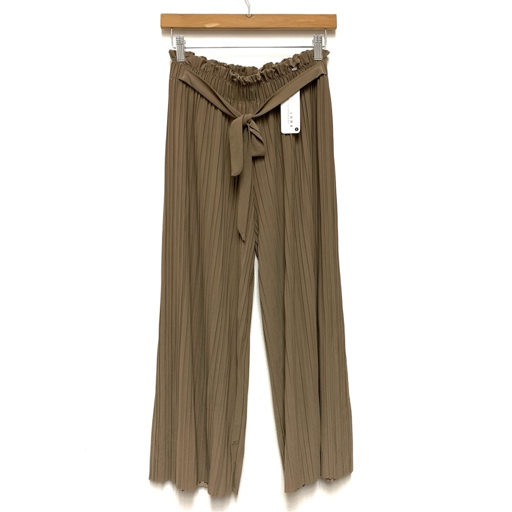 Jon & Anna Accordion Pleat Tie Waist Wide Leg‎ Cropped Pants Size Small Taupe